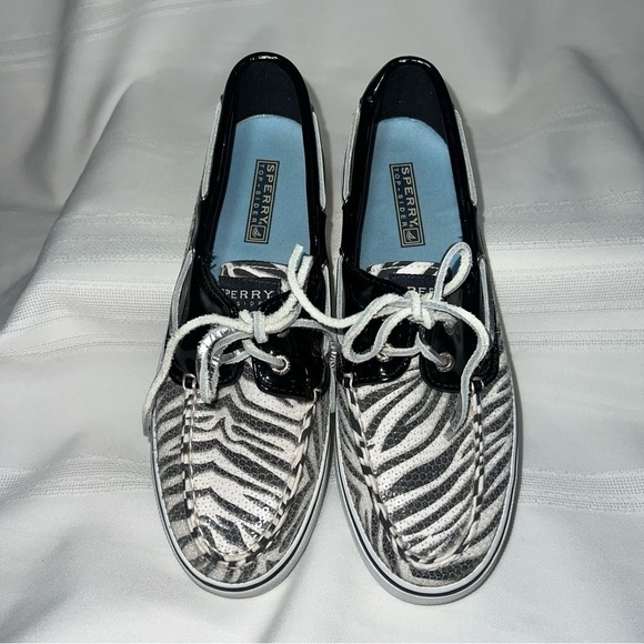 Sperry Top Sider Black White Zebra Stripe Sequins Sz 7.5 EUC Boat Shoes Sneakers - Picture 4 of 11